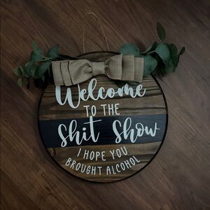 Rustic Welcome Sign with Bow and Greenery